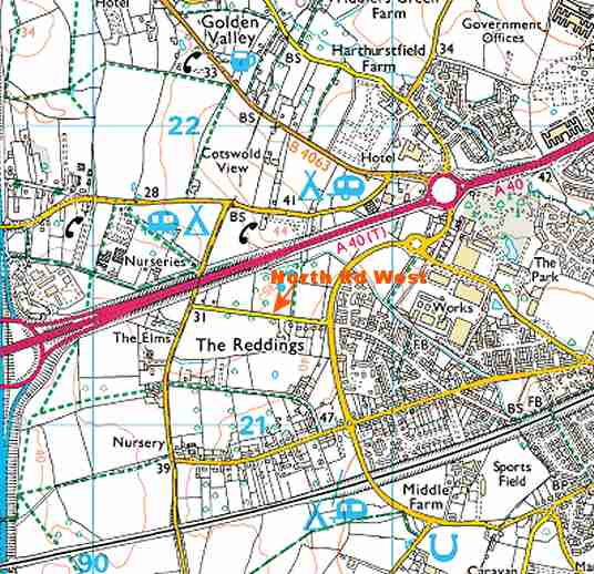 map showing location of north road west, cheltenham (reddings community centre)